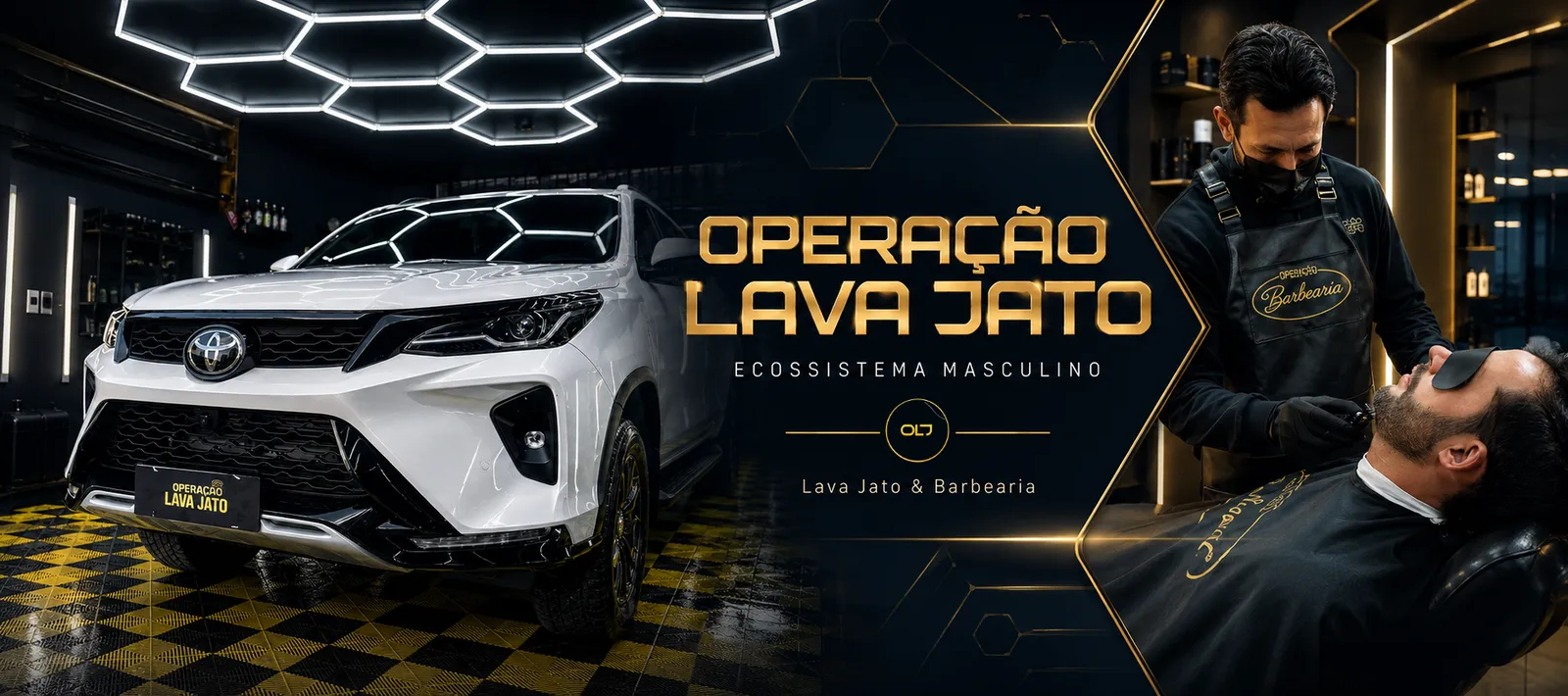 Banner da Operação Lava Jato, ecossistema masculino da OLJ em Caruaru com lava jato e barbearia