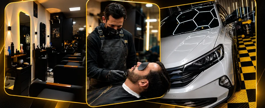 Barbearia com cadeiras e espelhos iluminados, barbeiro fazendo a barba de um cliente e carro branco no box da OLJ